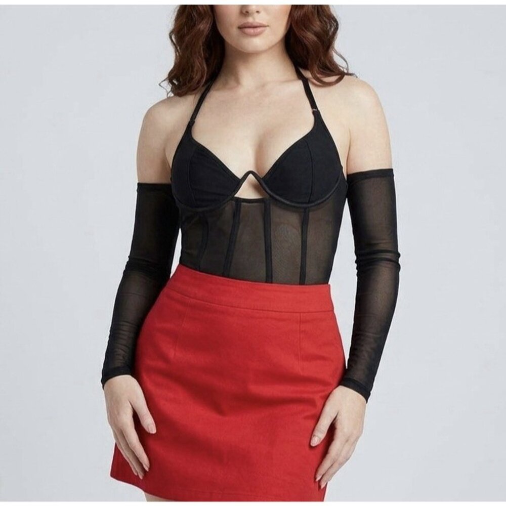 Pretty Little Thing Shape Black Chiffon Corset Long Sleeve Crop Top USA 12 NWT